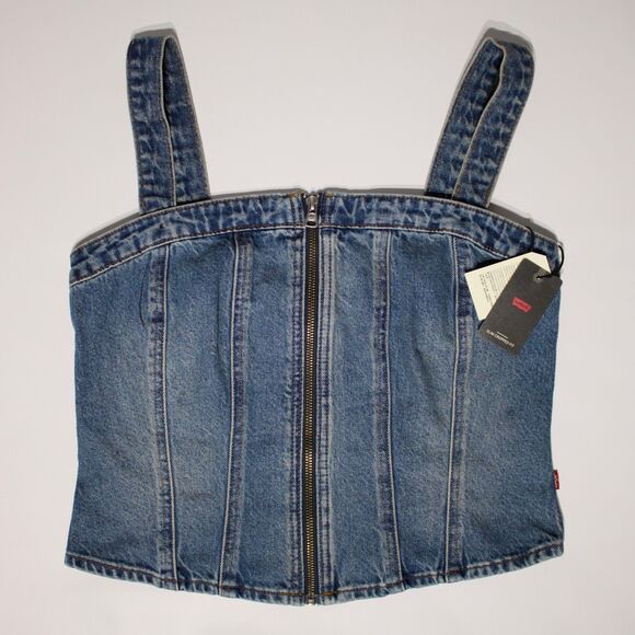 NWT $69.50 Levi's Denim Sculpted Bustier Tank Top Zipper Elastic Back Women Sz L - Picture 3 of 13